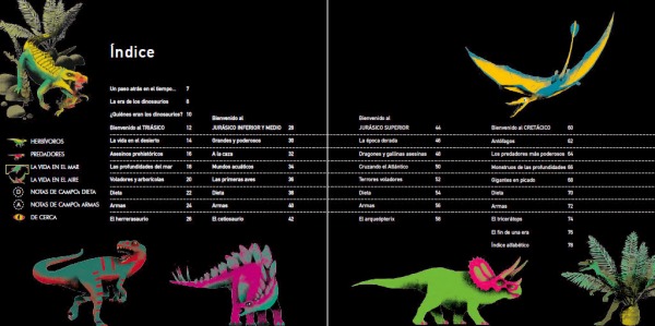 Páginas interiores Índice del libro "La era de los dinosaurios", de SteveBrusatte y Daniel Chester, editado por Siruela