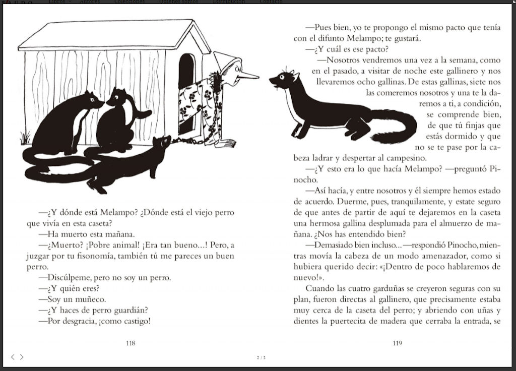 Interior del libro de Pinocho editado por gribaudo donde se aprecian las ilustraciones orinales deGiuseppe Riccobaldi